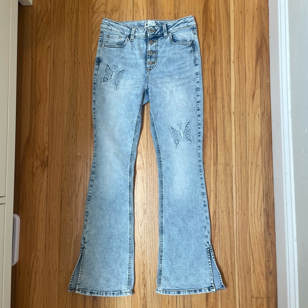 Light Blue Flared Jeans with Butterfly Embroidery